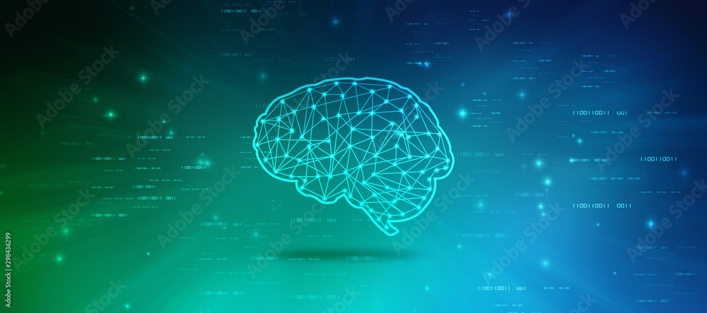 Poster 2d illustration concept of thinking, background with brain, abstract artificial intelligence. techno