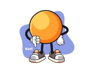 Ping pong ball thumbs down cartoon. Mascot Character vector.