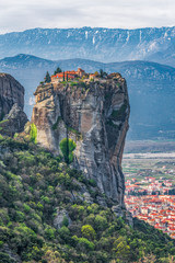 Meteora with monastery of Holy Trinity and Kalambaka town