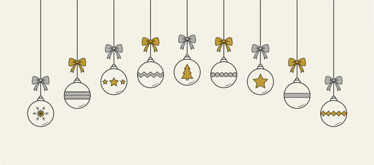 Christmas balls hanging on white background. Festive decoration. Banner. Vector