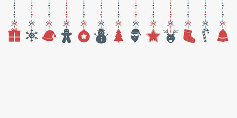 Hanging Christmas elements on background with copyspace. Festive ornament. Vector