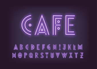 Linear geometric uppercase font. Neon blue letters on a dark background.