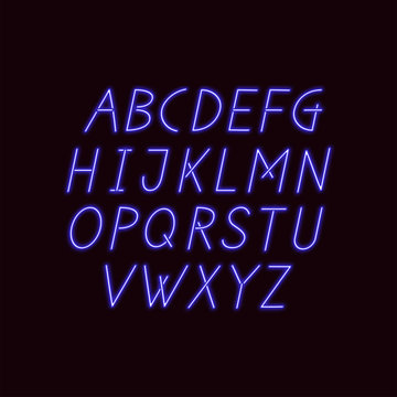 Linear geometric uppercase font. Neon inclined letters on a black background.