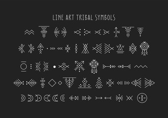 Fototapeta na wymiar Vector set of line art symbols for logo design and lettering in boho and hipster style.