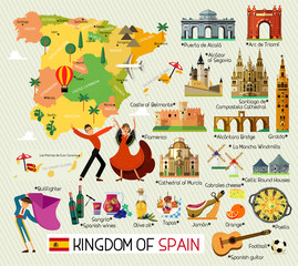 Spain Travel Icons. Spain Travel Map. Vector. - obrazy, fototapety, plakaty