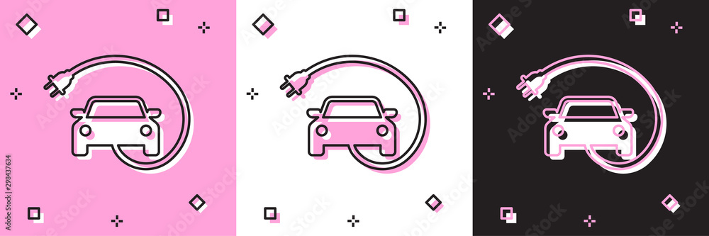 Poster Set Electric car and electrical cable plug charging icon isolated on pink and white, black background. Renewable eco technologies. Vector Illustration