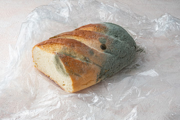 Mold on bread, a stale loaf with a large coating of mold. Close up.