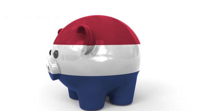Coins fall into piggy bank painted with flag of the Netherlands. National banking system or savings related conceptual 3D animation