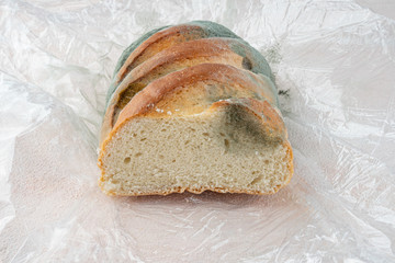 Mold on bread, a stale loaf with a large coating of mold. Close up.