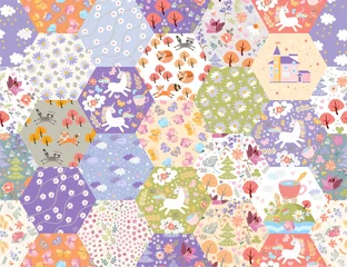 Printed kitchen splashbacks Unicorn Fairytale patchwork seamless pattern with unicorns and magic forest. Cute print for fabric. Beautiful design for kids.
