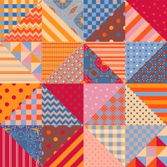 Seamless patchwork pattern with multicolor geometric ornaments. Print in ethnic style for fabric and textile. Cute quilting design. - obrazy, fototapety, plakaty