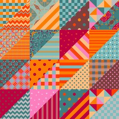 Patchwork seamless pattern. Colorful ornamental triangle patches combine in squares.