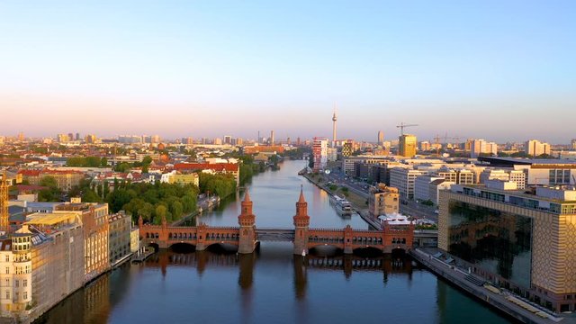 Berlin aerial skyline view from above birds view from sky germany city, view of tv tower river and downtown view.