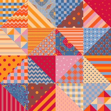 Seamless patchwork pattern with multicolor geometric ornaments. Print in ethnic style for fabric and textile. Cute quilting design.
