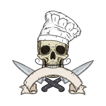 Skull in toque with cooking knifes and vintage scroll. Cartoon skull in hand drawn style.