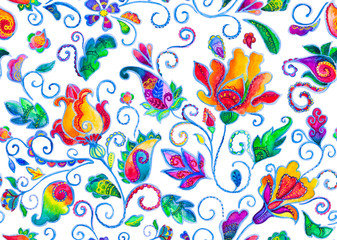 Fototapeta na wymiar Watercolor hand painted oriental floral seamless pattern. Colorful rainbow whimsical flowers, leaves, brunches, paisley illustration with traditional arabic hand drawn ornament for ceramic tile design