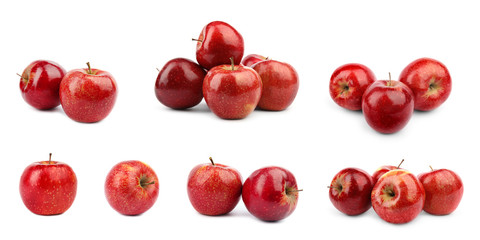 Set of fresh ripe red apples on white background