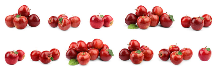 Set of fresh ripe red apples on white background