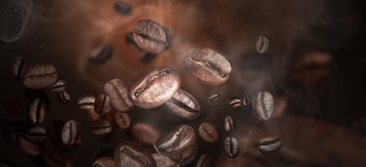 Grains de café torréfiés sur fond gris, gros plan
