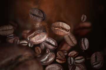 Roasted coffee beans on grey background, closeup