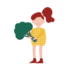 Illustration of a girl holding a big broccoli. Flat style, isolated character.