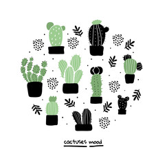 Circle illustration with cactuses, succulents