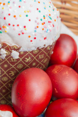 Easter spring cake with painted chicken eggs in a wicker basket