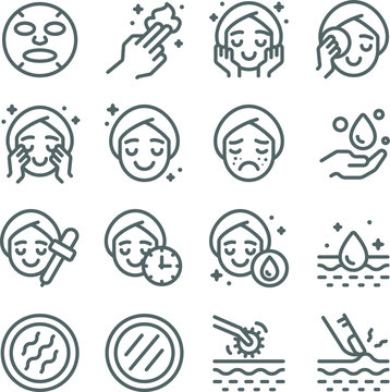 Skin care icons set vector illustration. Contains such icon as aroma, cleaning, treatment, acne, moist and more. Expanded Stroke