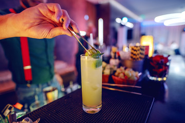 Close up of barman putting olive in glass with cocktail.