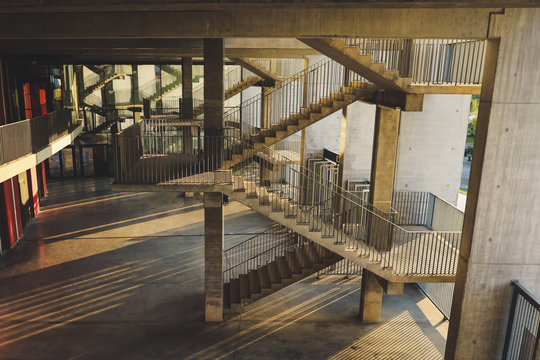 Architecture and various staircases and patterns inside a soccer stadium