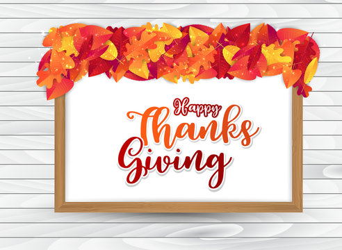 Happy Thanksgiving poster.  Background with red and orange fall leaves on wooden. American traditional november holiday. Banner for sale, advertisement, promotion, invitation. Vector illustration.
