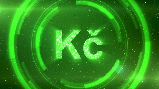 Green Czech koruna currency symbol centered on a starscape background with HUD elements. Seamlessly loopable animation.