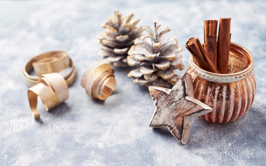 Christmas decoration on rustic wooden background. Close up.