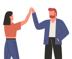 Two people giving high five isolated on white background. Happy man and woman greeting each other. Flat vector illustration