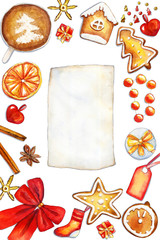 Cozy red and gold vertical christmas composition with sheet of paper