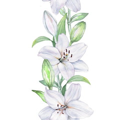 Seamless border of white lilies. Watercolor illustration. Hand drawing. Decorative item suitable for Wallpaper, wrapping paper and backgrounds, postcards and wedding invitations