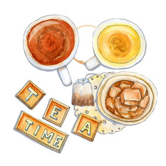 Tea time composition on white with letters