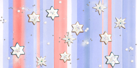 Seamless festive wrapping paper design background with cookie stars.