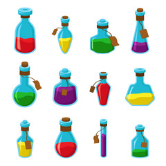 Flasks with liquid flat vector illustrations set
