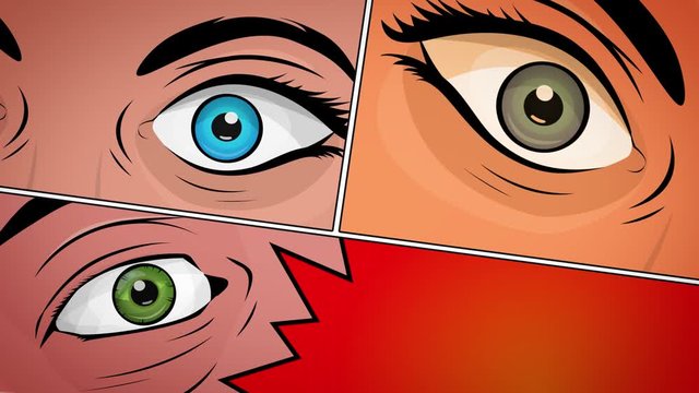 Comic Book Action Layout Background/ 4k animation of a powerful comics like page layout background with eyes of man and woman characters showing