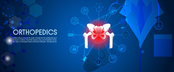 Molecular structure pelvis and injury background. Abstract traumatology and orthopedics with the molecule Hexagon, science, and technology, the hospital for body joints, anatomy. Vector illustration