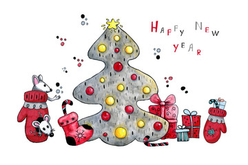 Cartoon rats, mice, the symbol of the New Year 2020 play with festive winter mittens and decorate the Christmas tree. Hand drawn illustration for the design of children's and Christmas products.