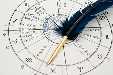 quill pen in form ob blue feather lying on horoscope and zodiac signs like astrology concept