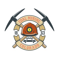 Color illustration of a coal mining company logo. Vector illustration of pickaxe, helmet with lantern, railway and banner with text on a white background