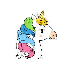 Cute unicorn vector illustration. Unicorn vector icon isolated on white. Head portrait horse sticker, patch badge. Magic cartoon fantasy cute animal. Rainbow hair. Dream symbol. Design for children