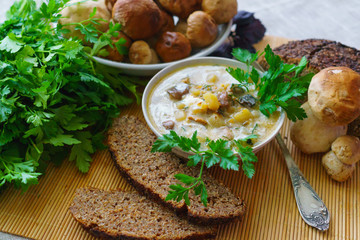 White mushroom soup seasoned with sour cream along with rye bread.