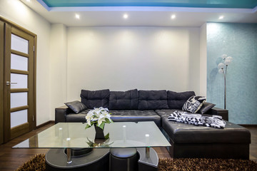 Interior of the modern luxure guestroom in studio apartments in blue light color style