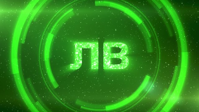 Green Bulgarian lev currency symbol centered on a starscape background with HUD elements. Seamlessly loopable animation.