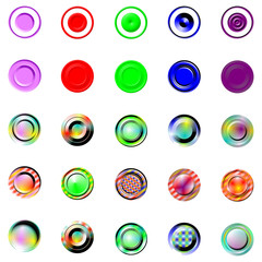 set of 25 colored round buttons, marks for design and creativity isolated on white background