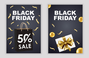 Black Friday sales background. Bag and gift with a black background. Creative Concept Banner Design Black Friday Celebration. Copy space text area. Vector illustration